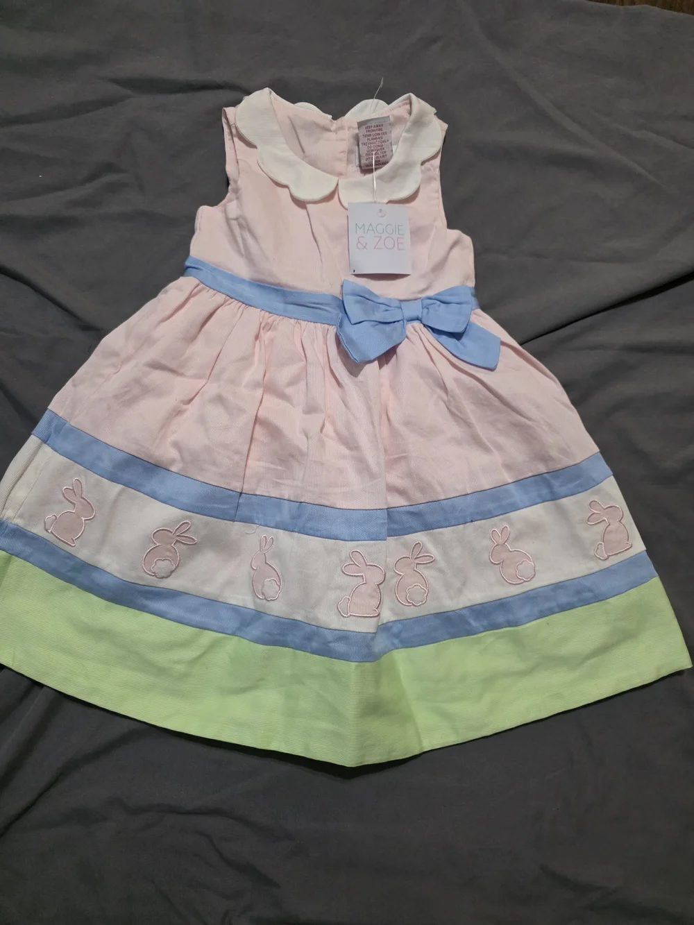 Maggie & Zoe Pastel Pink Dress with Blue Bow and Green Hem